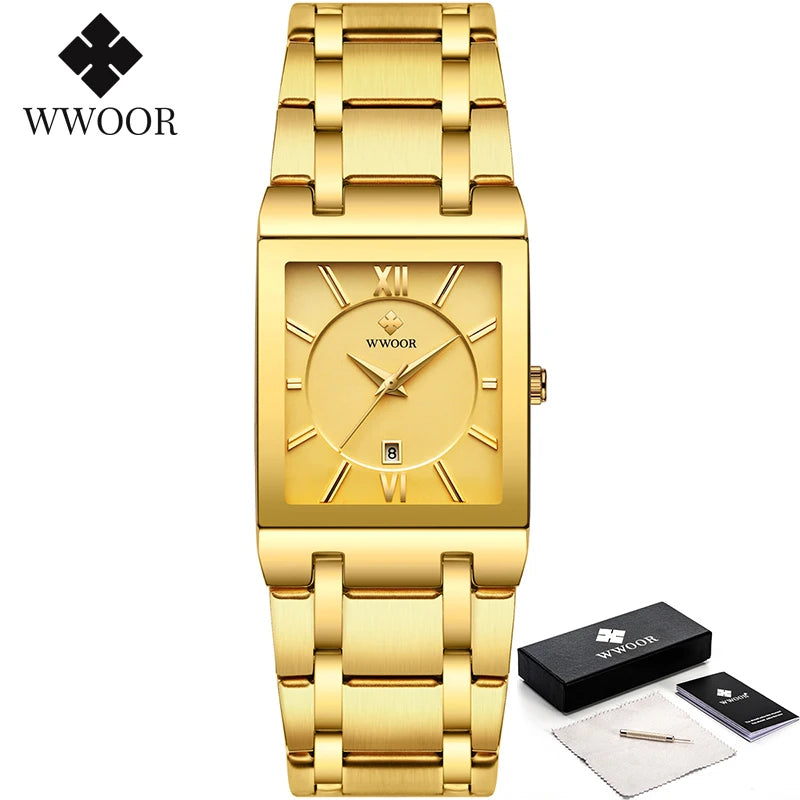 Relogio Masculino  Gold Watch Men Square Mens Watches Top Brand Luxury Golden Quartz Stainless Steel Waterproof Wrist Watch