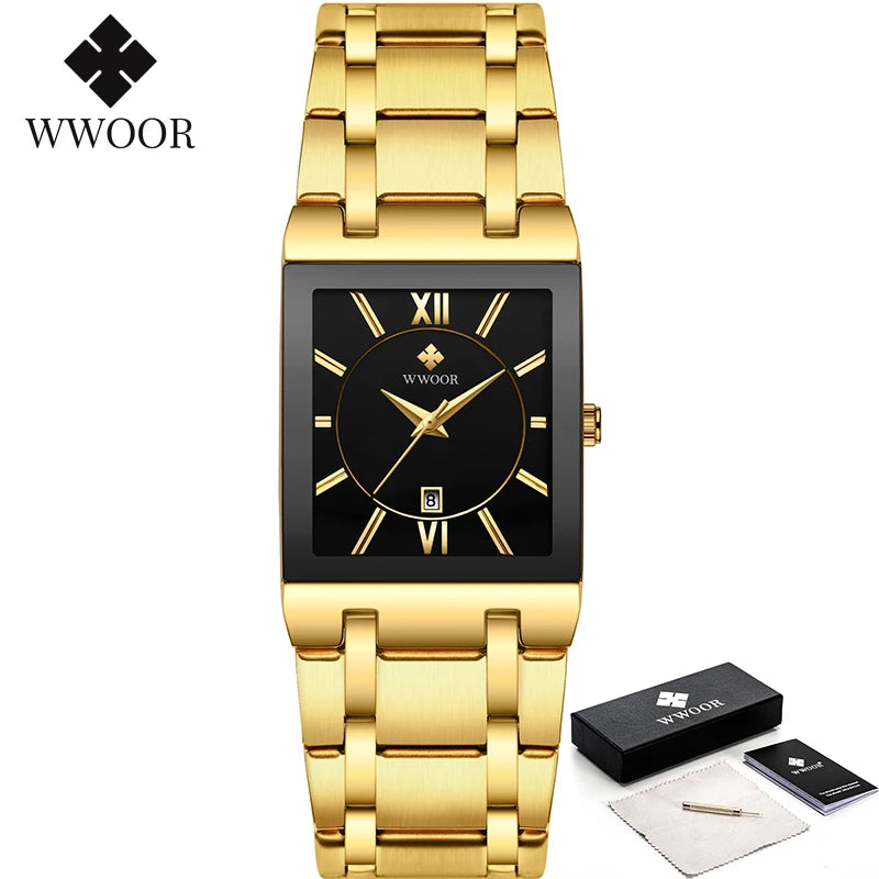 Relogio Masculino  Gold Watch Men Square Mens Watches Top Brand Luxury Golden Quartz Stainless Steel Waterproof Wrist Watch