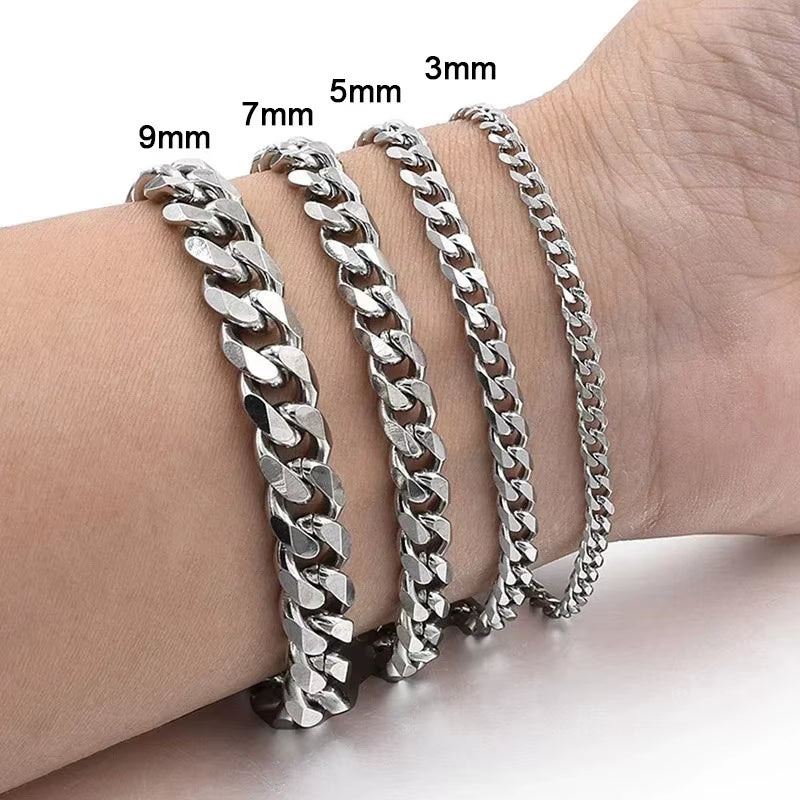 New Trendy Cuban Chain Men Bracelet Classic Stainless Steel 3/5/7/9Mm Width Chain Bracelet for Men Women Jewelry Gift