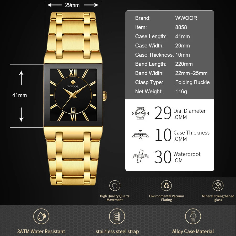Relogio Masculino  Gold Watch Men Square Mens Watches Top Brand Luxury Golden Quartz Stainless Steel Waterproof Wrist Watch