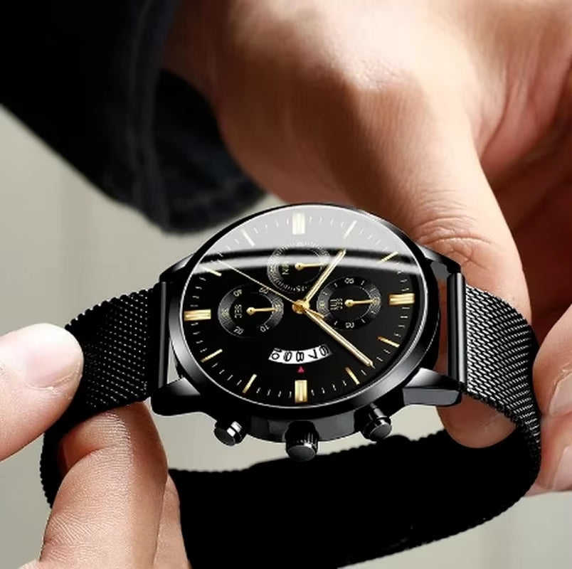 Mens Watches Waterproof Mesh Belt Man Wrist Watch Calendar Quartz Watch Luxury Business Dress Watch for Men Fashion Male Clock