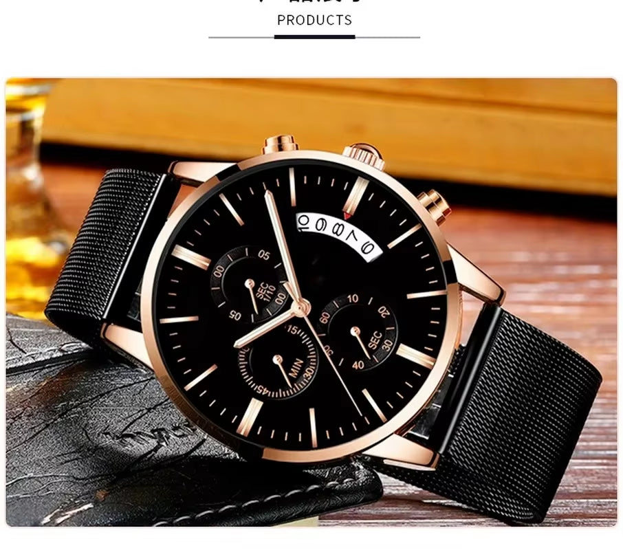 Mens Watches Waterproof Mesh Belt Man Wrist Watch Calendar Quartz Watch Luxury Business Dress Watch for Men Fashion Male Clock